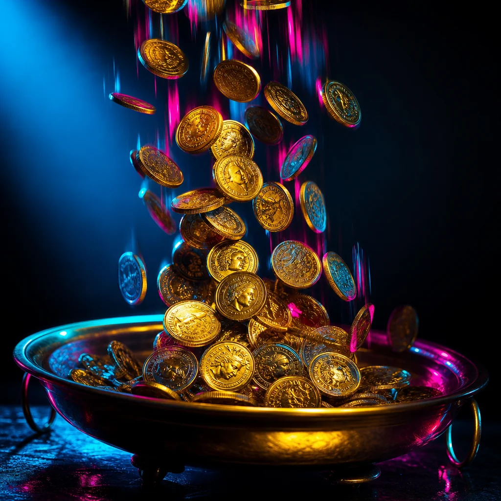 Golden coins cascading from neon arcade slot machine