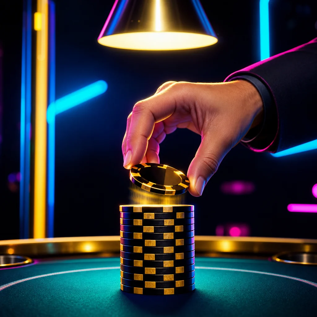 Macro shot of neon casino chips stacked on felt